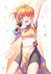  1girl ;d arm_up bike_shorts black_shorts breasts brown_eyes china_dress chinese_clothes commission copyright_request dress highres holding holding_microphone ittokyu looking_at_viewer microphone one_eye_closed orange_dress orange_hair pelvic_curtain ponytail shoes shoes_removed short_shorts shorts signature small_breasts smile solo virtual_youtuber white_dress 