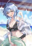  1girl :d absurdres ahoge bangs bare_shoulders beach beach_umbrella bikini black_bikini blue_hair blue_sky blush breasts cleavage cloud collarbone cowboy_shot day frilled_bikini frills ganyu_(genshin_impact) genshin_impact goat_horns gradient_eyes hair_between_eyes hand_up highres holding holding_innertube horns innertube komiya_latte lens_flare long_hair low_ponytail medium_breasts multicolored_eyes multiple_others navel ocean off_shoulder outdoors purple_eyes sand see-through see-through_shirt sidelocks signature sky smile solo_focus standing stomach swimsuit thighs umbrella 