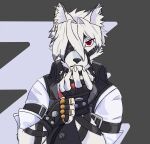  2022 5_fingers absurd_res anthro black_clothing black_topwear butler canid canine canis claws clothing enlas_(artist) finger_claws fingers fur hi_res logo looking_at_viewer male mammal mihoyo one_eye_obstructed red_eyes ring solo topwear video_games von_lycaon white_body white_clothing white_fur white_topwear wolf zenless_zone_zero 