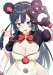  1girl absurdres animal_ears animal_hands bangs birthday black_hair blush breasts cleavage commentary dated english_text gloves grey_eyes happy_birthday highres large_breasts long_hair looking_at_viewer love_live! love_live!_nijigasaki_high_school_idol_club lowlight1010 one_side_up paw_gloves sidelocks smile upper_body white_background yuuki_setsuna_(love_live!) 