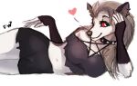  2022 5_fingers anthro breasts canid canine canis clothed clothing digital_media_(artwork) domestic_dog ear_piercing ear_ring eyebrows eyelashes female fingers flashlioness hair mammal midriff navel piercing red_sclera ring_piercing 