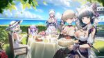  5girls absurdres anniversary azur_lane belfast_(azur_lane) black_dress blue_eyes breasts cake chair champagne_flute cheshire_(azur_lane) cleavage cup day dress drinking_glass elbow_gloves flower food food_on_breasts fork formidable_(azur_lane) frilled_dress frills gloves grey_hair hair_ribbon hat hedge highres illustrious_(azur_lane) large_breasts long_hair maid maid_headdress manjuu_(azur_lane) medium_hair multiple_girls outdoors purple_eyes purple_hair red_eyes ribbon sitting soy_chicken stuffed_animal stuffed_toy stuffed_winged_unicorn table tablecloth tea teacup teapot tiered_tray unicorn_(azur_lane) white_dress white_hair white_headwear 