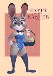 anthro basket bow_tie bunny_costume clothed clothing container costume disney easter english_text female fur grey_body grey_fur hi_res holding_object holidays judy_hopps lagomorph legwear leporid looking_at_viewer mammal purple_eyes qupostuv35 rabbit simple_background smile smiling_at_viewer solo text zootopia 