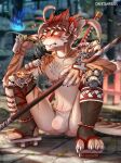  2022 4_toes anthro artist_name blue_fire blurred_background cheetahpaws clothing colored_fire cute_fangs domestic_cat feet felid feline felis fire fur fur_markings hi_res inner_ear_fluff male mammal markings melee_weapon spirit stick sword toes tribal_clothing tuft weapon 