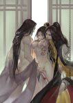 1girl 2boys bare_legs black_hair breasts chain character_request cony_(comicsun) covering_nipples door fingering hair_ornament jian_xia_qing_yuan_(series) jian_xia_qing_yuan_online_3 long_hair long_sleeves multiple_boys nude ponytail upper_body 