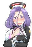  1girl black_gloves blush bra breasts gloves hair_intakes kantai_collection large_breasts long_sleeves mechanical_halo mimofu_(fullhighkick) partially_unbuttoned purple_bra purple_eyes purple_hair school_uniform short_hair solo tatsuta_(kancolle) underwear upper_body 