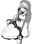  1boy absurdres bike_shorts bridget_(guilty_gear) full_body greyscale grin guilty_gear guilty_gear_strive habit hair_between_eyes highres hood hoodie kaauchi long_hair looking_at_viewer male_focus monochrome open_clothes open_hoodie otoko_no_ko shirt shoes shorts simple_background sitting skirt sleeves_past_wrists smile sneakers solo wariza white_background 