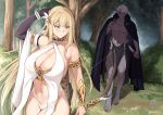  1boy 1girl abs absurdres arrow_(projectile) bangs bare_shoulders barefoot black_cape black_sclera blonde_hair bow_(weapon) breasts bush cape cleavage colored_sclera dress elbow_gloves forest gloves hair_ornament highres holding holding_knife knife large_breasts long_hair maskwolf muscular muscular_male nature navel original pectorals pelvic_curtain pointy_ears quiver red_eyes short_hair single_glove thighs tree very_long_hair weapon white_dress white_hair 