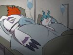  anthro bandai_namco bed bedding blanket boke_(artist) claws coma digimon digimon_(species) duo furniture gomamon hair hospital hospital_bed humor iv_bag pun red_hair 