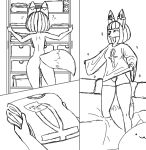  anthro baggy_clothing bed bedroom breasts canid canine clothed clothing comic ear_piercing egyptian evgheshkafx female fennec fox furniture hi_res jewelry legwear mammal mini_comic mira_(evgheshkafx) nude piercing rear_view sketch smile solo thick_thighs thigh_highs 