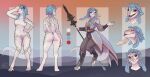  anthro argonian azeez-ij_(sheri) bethesda_softworks black_eyes blue_hair breasts clothed clothing featureless_breasts featureless_crotch female hair hi_res melee_weapon model_sheet nude polearm red_sclera ronff scalie simple_background small_breasts solo the_elder_scrolls video_games weapon white_body white_skin wide_hips 