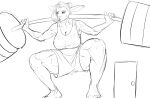  anthro barbell bodily_fluids bottomwear breasts cervid cleavage clothed clothing door dreamy_pride exercise female hi_res mammal shorts spread_legs spreading sweat weightlifting workout 