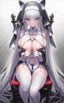  1girl absurdres animal_ears bangs bare_shoulders black_dress blush breasts cat_ears cleavage dress grey_hair gu_luco highres large_breasts long_hair looking_at_viewer navel red_eyes sitting solo thighhighs thighs twintails two-tone_dress very_long_hair white_dress white_thighhighs 