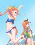  2girls absurdres alternate_costume animal_ears arms_up bangs bikini blue_bikini blunt_bangs blush breasts chocomoch cleavage collared_shirt dual_persona ear_covers green_eyes green_shirt grin hairband hands_in_pockets highres horse_ears horse_girl horse_tail looking_at_viewer multiple_girls navel one_eye_closed open_clothes open_mouth open_shirt orange_hair outdoors ponytail shirt silence_suzuka_(umamusume) small_breasts smile standing standing_on_liquid striped striped_bikini swimsuit tail umamusume 