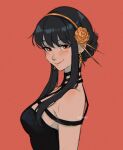  1girl bare_shoulders black_dress black_hair blush breasts dress earrings flower gold_hairband hair_between_eyes hair_flower hair_ornament hair_up highres itslopezz jewelry looking_at_viewer orange_background red_eyes sidelocks smile solo spy_x_family upper_body yor_briar 