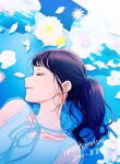  1girl aida_rikako bangs birthday blue_dress blue_sky brown_hair closed_eyes collarbone commentary dated dress earrings english_text flower happy_birthday high_ponytail highres jewelry kougi_hiroshi long_hair lying on_back petals ponytail real_life reflection sky smile upper_body water 