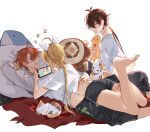  3boys absurdres aether_(genshin_impact) barefoot black_pants black_shorts blonde_hair brown_hair cat cellphone closed_eyes earrings feet genshin_impact highres jewelry long_hair multiple_boys open_clothes open_shirt orange_hair pants phone pillow pnk_crow shirt short_hair shorts smartphone t-shirt tartaglia_(genshin_impact) white_shirt yaoi zhongli_(genshin_impact) 