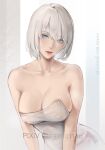  1girl bangs bare_shoulders blue_eyes blush breasts cleavage closed_mouth collarbone covered_nipples dress large_breasts leaning_forward lips looking_at_viewer mole mole_under_mouth nier_(series) nier_automata pixiv_id rifu_(643763873) short_hair simple_background solo steaming_body upper_body wet white_dress white_hair yorha_no._2_type_b 