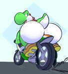  2022 anthro big_butt bubble_butt butt butt_focus butt_jiggle clothing driving footwear green_yoshi hi_res huge_butt huge_thighs jiggling looking_back male mario_bros motion_lines motorcycle nintendo nude open_mouth open_smile outside rear_view road scales scalie shell shoes simple_background sitting sky smile solo taylor_fawks thick_thighs tongue vehicle video_games yoshi 