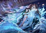  1boy 1girl bare_legs bridge brown_hair character_request cony_(comicsun) detached_sleeves dress flower from_side hair_ornament long_hair long_sleeves looking_at_another open_mouth splashing water waves white_dress wisteria yi_meng_jianghu 