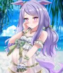  1girl alternate_costume alternate_hairstyle animal_ears beach big_belly breasts cleavage commentary_request highres horse_ears horse_girl horse_tail inflation jewelry liukensama looking_at_viewer mejiro_mcqueen_(umamusume) necklace ocean purple_eyes purple_hair sky small_breasts solo tail umamusume 