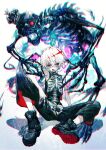  1boy albino looking_at_viewer male_focus mura_karuki open_mouth original pale_skin pants red_eyes shirt shoes short_hair sitting skeleton skeleton_print sleeveless sleeveless_shirt sneakers solo white_background white_hair 