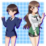  2girls alternate_hairstyle bad_id bad_twitter_id bangs bike_shorts_under_skirt black_neckerchief black_necktie black_ribbon black_shorts blouse blue_background blue_sweater blush brown_eyes brown_hair closed_mouth commentary cosplay costume_switch dress_shirt frown girls_und_panzer green_skirt hair_down hair_ornament hair_ribbon hairclip highres isobe_noriko long_hair long_sleeves looking_at_viewer miniskirt multiple_girls neckerchief necktie no_pants ooarai_school_uniform plaid plaid_background pleated_skirt ribbon rukuriri_(girls_und_panzer) sailor_collar school_uniform serafuku shirt short_hair shorts silhouette skirt skirt_tug sleeves_past_wrists smile st._gloriana&#039;s_school_uniform standing sweater tanutika v-neck w_arms waving white_sailor_collar white_shirt wing_collar 