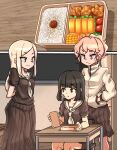  3girls arms_behind_back bento black_eyes black_hair black_shirt black_skirt blonde_hair blue_eyes bulge bullying chair classroom closed_mouth desk food futanari highres indoors jacket lemon_snail long_hair looking_at_another multiple_girls neckerchief original pink_hair purple_eyes school_desk school_uniform serafuku shirt short_sleeves sitting skirt smile white_neckerchief 