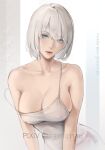  1girl bangs bare_shoulders blue_eyes blush breasts cleavage closed_mouth collarbone covered_nipples dress large_breasts leaning_forward lips looking_at_viewer mole mole_under_mouth nier_(series) nier_automata pixiv_id rifu_(643763873) short_hair simple_background solo upper_body white_dress white_hair yorha_no._2_type_b 