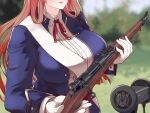  1girl asmr breasts girls&#039;_frontline gloves gun head_out_of_frame holding holding_gun holding_weapon large_breasts long_hair m1903_springfield orange_hair parted_lips rifle shimogami_migihidari solo springfield_(girls&#039;_frontline) very_long_hair weapon white_gloves 