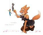  anthro canid canine cat_toy clothed clothing collar diane_foxington dreamworks dress eyebrow_piercing facial_piercing female fox fur green_eyes mammal nosugarnohoney orange_body orange_fur piercing simple_background smile solo the_bad_guys 