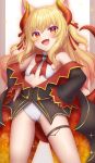  .live 1girl animal_ears awai_flavia awai_shiro blonde_hair blush breasts commentary_request cosplay demon_tail fang fangs fox_ears highres horns indie_virtual_youtuber looking_at_viewer red_eyes ribbon rurun_rururica simple_background small_breasts solo tail virtual_youtuber 