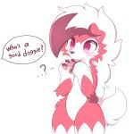  absurd_res ambiguous_gender anthro black_body black_fur blush claws dialogue english_text finger_claws fur hi_res jammynya lycanroc midnight_lycanroc nintendo offscreen_character pok&eacute;mon pok&eacute;mon_(species) question_mark red_body red_eyes red_fur simple_background solo speech_bubble text video_games white_background white_body white_fur 