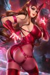  1girl armpits ass bracer breasts earrings fishnet_pantyhose fishnets green_eyes jewelry leotard long_hair looking_at_viewer looking_back marvel neoartcore pantyhose red_hair red_leotard red_lips scarlet_witch sideboob solo wanda_maximoff x-men 