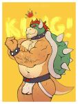  2022 anthro arm_hair barazoku belly biceps big_bulge big_muscles body_hair border bowser bracelet bulge chest_hair clothing collar crown detailed_bulge english_text eyebrows facial_hair flexing hair happy_trail hi_res horn jewelry jockstrap king koopa looking_at_viewer male mario_bros musclegut muscular muscular_anthro muscular_male navel nintendo pecs pubes rooinks royalty scalie shell simple_background smile solo spiked_bracelet spiked_collar spiked_shell spikes spikes_(anatomy) standing stubble text underwear video_games white_border yellow_background 
