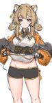  1girl absurdres animal_ears arknights black_shorts breasts brown_eyes clothes_lift du_yaoye_(arknights) ear_piercing feet_out_of_frame groin hair_rings highres lifted_by_self light_brown_hair long_hair long_sleeves midriff_peek navel orange_sleeves piercing shirt shirt_lift short_shorts shorts sidelocks sketch small_breasts smile solo standing tiger_ears tiger_girl white_shirt yokaze_kotoha 