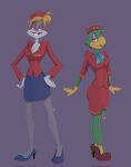  2022 anthro avian bird blonde_hair bottomwear breasts buckteeth bugs_bunny cleavage clothed clothing crossgender digital_drawing_(artwork) digital_media_(artwork) disney duo eyeshadow feathers female flight_attendant flight_attendant_scarf footwear fur green_body green_feathers grey_body grey_fur hair hi_res high_heels jos&eacute;_carioca lagomorph leporid looney_tunes makeup mammal mtf_crossgender multicolored_body multicolored_fur parrot pink_eyeshadow rabbit signature simple_background skirt standing teeth two_tone_body two_tone_fur warner_brothers white_body white_fur xdaffodille 