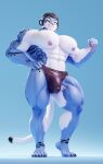  2022 3d_(artwork) abs anthro barazoku barefoot bent_leg biceps big_bulge big_muscles big_pecs blue_background bulge claws clothed clothing collaboration connivingrat detailed_bulge digital_media_(artwork) eyebrows feet felid flexing fur genital_outline hair hi_res huge_bulge huge_muscles huge_pecs huge_thighs humanoid_feet humanoid_hands leopard looking_at_viewer male mammal muscular muscular_anthro muscular_male navel nipples obliques pan_(sxfpantera) pantherine pawpads pecs penis_outline plantigrade quads simple_background smile snow_leopard solo speedo standing swimwear thick_thighs topless topless_anthro topless_male tuft valorlynz 