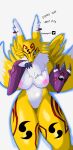  anthro areola bandai_namco big_breasts blue_eyes breasts canid claws digimon digimon_(species) dipstick_tail elelite female fur genitals hi_res humanoid mammal markings nipples nude pink_areola pink_nipples renamon renamon_x simple_background smile solo tail_markings white_body white_fur yellow_body 