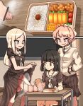  3girls bandages bento black_eyes black_hair black_shirt black_skirt blonde_hair blue_eyes bottomless bulge bullying censored chair classroom clothes_lift desk food foreskin futanari highres huge_penis indoors jacket lemon_snail lifted_by_self long_hair multiple_girls neckerchief original penis phimosis pink_hair purple_eyes school_desk school_uniform serafuku shirt short_sleeves sitting skirt skirt_lift smile steam testicles white_neckerchief 