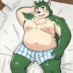  2022 anthro bed belly big_belly black_nose blush clothing furniture green_body humanoid_hands kemono lifewonders live-a-hero male mokdai moobs navel nipples overweight overweight_male pillow solo underwear video_games yaki_atsuage 