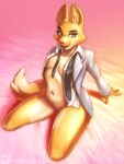  anthro bottomless canid canine clothed clothing diane_foxington dreamworks eyebrow_piercing facial_piercing female fox fur green_eyes jewelry mammal navel navel_piercing necklace necktie orange_body orange_fur partially_clothed piercing solo suit_jacket the_bad_guys tipsybajr 