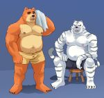  2022 absurd_res animal_crossing anthro belly black_nose bodily_fluids clothing duo eyes_closed felid hi_res male mammal moobs naikuma nintendo nipples orange_body overweight overweight_male pantherine sitting sweat teddy_(animal_crossing) tiger towel underwear ursid video_games white_body 