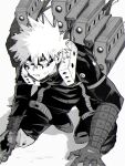  1boy baggy_pants bakugou_katsuki bangs black_mask black_pants boku_no_hero_academia chromatic_aberration eye_mask gloves greyscale gun hair_between_eyes hands_on_ground high_collar highres kneeling leaning_forward looking_at_viewer machine_gun male_focus monochrome neck_brace official_alternate_costume pants parted_lips short_hair solo spiked_hair spoilers sweat tears torn_clothes torn_gloves torn_mask torn_sleeve uni_ssansyo weapon wrist_guards 