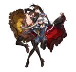  2girls absurdres ahoge arm_up armpits backless_outfit bangs belt between_breasts blue_eyes bodysuit boots bow bowtie braid breasts brown_eyes brown_hair cape card chain coin commentary_request covered_navel fire_emblem fire_emblem_fates fire_emblem_heroes full_body gloves gold_coin hair_over_one_eye high_heels highres hood kagero_(fire_emblem) key kippu large_breasts long_hair long_sleeves looking_away mask medium_breasts multiple_girls nina_(fire_emblem) official_art one_eye_closed parted_lips ponytail quill simple_background skin_tight smile thigh_boots tongue tongue_out twin_braids white_background white_hair 