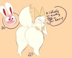 &lt;3 ambiguous_gender anthro bedroom_eyes big_butt black_eyes blush butt chikn_nuggit dragon duo english_text fwench_fwy_(chikn_nuggit) hand_on_butt hi_res horn huge_butt huge_thighs iscream_(chikn_nuggit) lagomorph leporid looking_back mammal narrowed_eyes nonbinary_(lore) nude omegaminti purple_eyes rabbit raised_tail scalie seductive speech_bubble text thick_thighs white_body wide_hips 