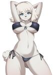  anthro bikini bikini_bottom bikini_top blue_eyes breasts canid canine canis clothing domestic_dog female fur hair hands_behind_head hi_res kironzen looking_at_viewer mammal navel odd_taxi poodle raised_arm rui_nikaido_(odd_taxi) simple_background smile smiling_at_viewer solo swimwear white_body white_fur white_hair 