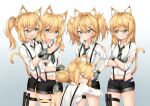  5girls :&lt; :3 absurdres alternate_hairstyle animal_ear_fluff animal_ears arm_around_shoulder black_shorts blonde_hair blue_eyes blue_panties blush breasts cat_ears cat_tail clone crossed_arms dog_tags double_bun english_commentary fang fingerless_gloves girls&#039;_frontline gloves gradient gradient_background green_necktie grey_background hair_bun hand_on_hip highres hug idw_(girls&#039;_frontline) long_sleeves looking_at_another medium_hair multiple_girls navel necktie open_mouth panties ponytail shirt short_shorts short_twintails shorts simple_background sleeves_rolled_up small_breasts smile suspender_shorts suspenders tail teeth thigh_strap tor_ai twintails underwear upper_teeth white_background white_shirt 