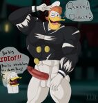  abs anatid anseriform anthro avian balls beak biceps bird bottomless bottomless_male button_(fastener) clothed clothing cross-popping_vein darkwing_duck dialogue digital_media_(artwork) disney donald_duck duck ducktales ducktales_(2017) feathers genitals gesture hair hat headgear headwear hi_res humanoid_genitalia humanoid_penis klr-rio launchpad_mcquack male mammal muscular muscular_anthro muscular_male open_mouth pecs penis simple_background solo speech_bubble topwear torn_clothing v_sign vein veiny_penis white_body 