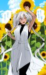  1girl absurdres alternate_costume arm_up blue_sky brown_eyes cloud dress feet_out_of_frame flower food glasses hair_between_eyes highres ice_cream kantai_collection long_hair looking_at_viewer musashi_(kancolle) short_hair_with_long_locks sky solo sunflower translation_request two_side_up white_dress white_hair yunamaro 